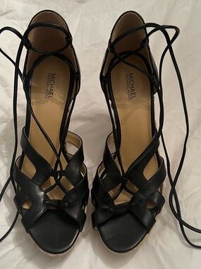 MICHAEL KORS Black Leather Espadrille Lace-Up Platform Wedge Sandals Size 8.5
